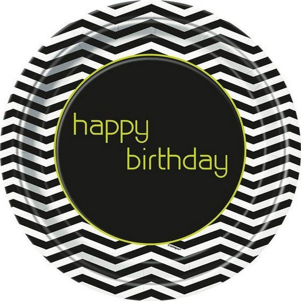 Black-White-Green - Front - Floso Designer Happy Birthday Party Plates (Pack of 8)