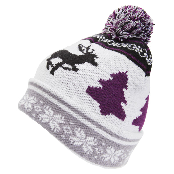 White-Purple - Front - FLOSO Mens Knitted Christmas Fairisle Pattern Winter Bobble Hat