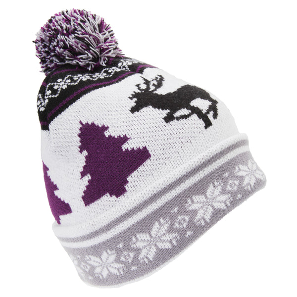 White-Purple - Back - FLOSO Mens Knitted Christmas Fairisle Pattern Winter Bobble Hat