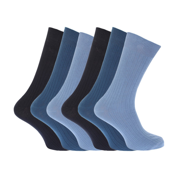 Shades of Blue - Back - FLOSO Mens Ribbed 100% Cotton Socks (Pack Of 6)