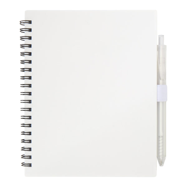 White - Lifestyle - Floso Niove Soft Cover Recycled Plastic Notebook & Pen Set