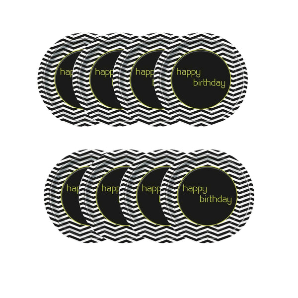 Black-White-Green - Back - Floso Designer Happy Birthday Party Plates (Pack of 8)