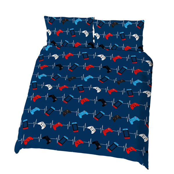 Black-White-Red-Blue - Side - Floso Eat Sleep Game Repeat Reversible Duvet Set