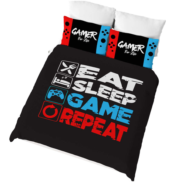 Black-White-Red-Blue - Lifestyle - Floso Eat Sleep Game Repeat Reversible Duvet Set