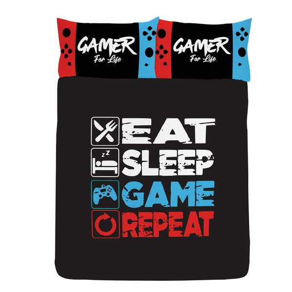 Black-White-Red-Blue - Front - Floso Eat Sleep Game Repeat Reversible Duvet Set
