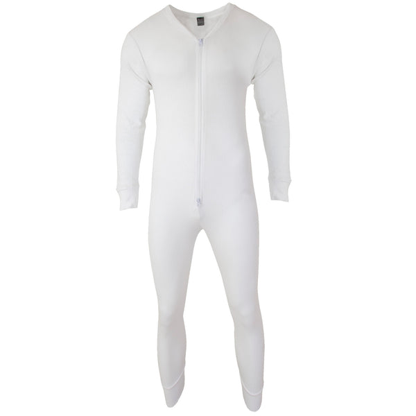 White - Front - FLOSO Mens Thermal Underwear All In One Union Suit