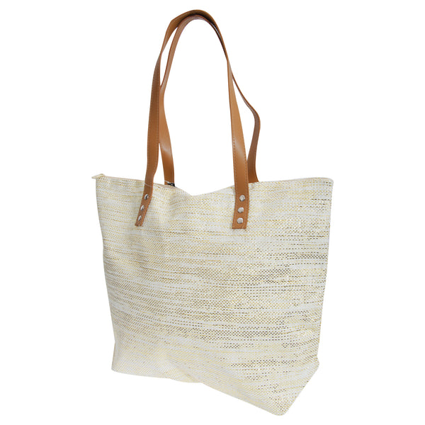 Beige-Gold - Front - FLOSO Womens-Ladies Metallic Straw Woven Summer Handbag