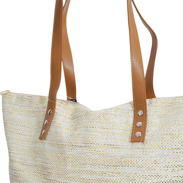 Beige-Gold - Back - FLOSO Womens-Ladies Metallic Straw Woven Summer Handbag