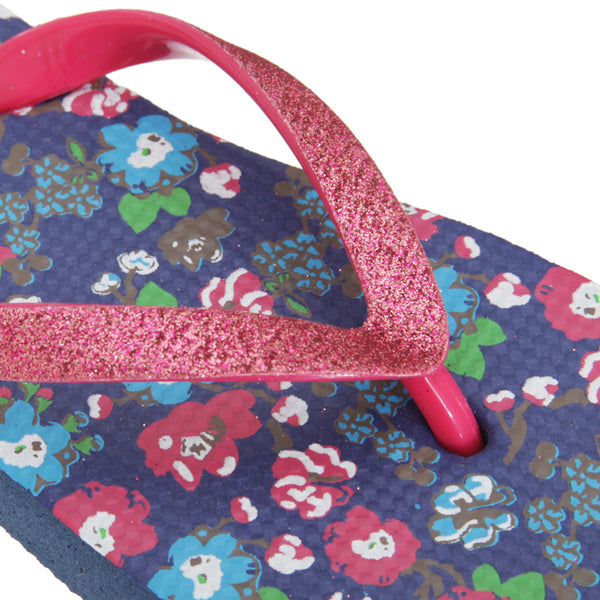 Navy - Back - FLOSO Childrens-Girls Floral Toe Post Flip Flops With Glitter Strap