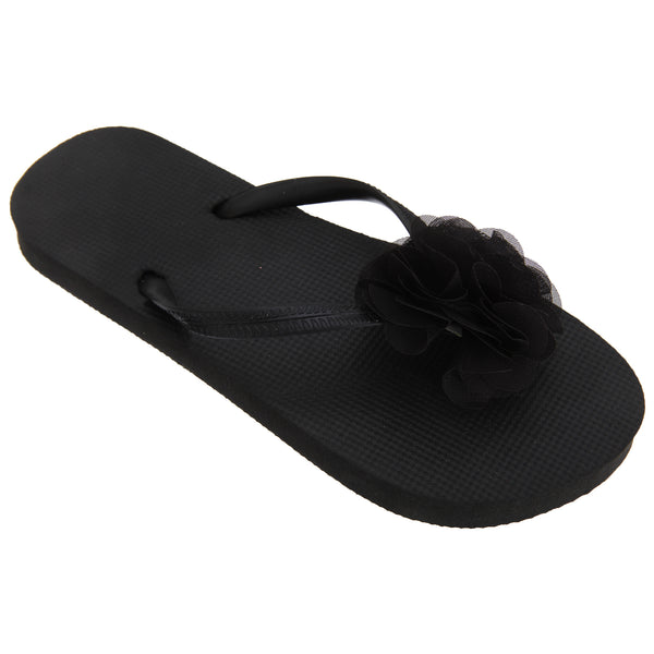 Black - Front - FLOSO Womens-Ladies Plain Toe Post Flip Flops With 3D Flower Detail