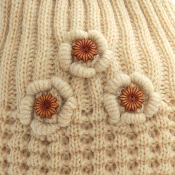 Beige - Back - FLOSO Ladies-Womens Winter Ribbed Beanie Hat With Floral Pattern