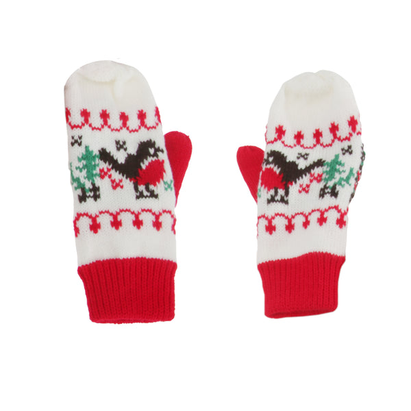 White-Red-Green-Brown - Side - FLOSO Womens-Ladies Christmas Robin Winter Hat, Scarf & Mittens Set