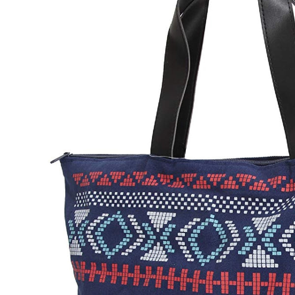 Navy - Back - FLOSO Womens-Ladies Cotton Rich Aztec Print Top Handle Handbag