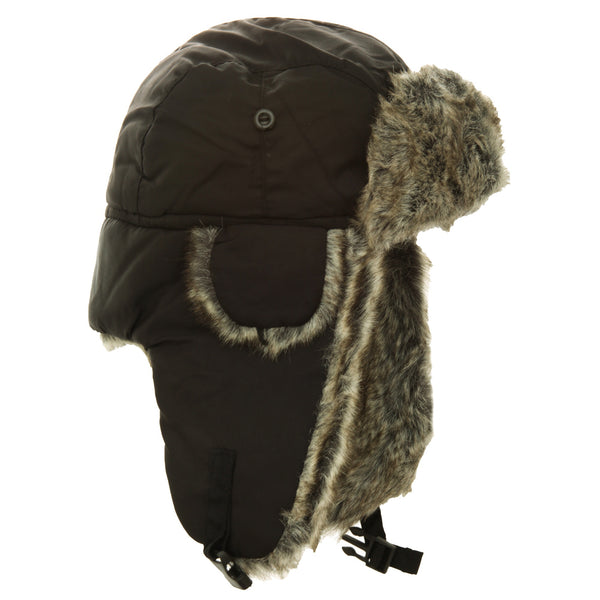 Black - Front - FLOSO Mens Faux Fur Lined Showerproof Thermal Trapper Hat