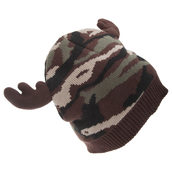 Camo - Front - FLOSO Mens Camo Pattern Winter Beanie Hat With Moose Antlers