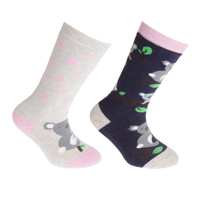 Navy-Beige - Front - FLOSO Childrens-Kids Cotton Rich Welly Socks (2 Pairs)