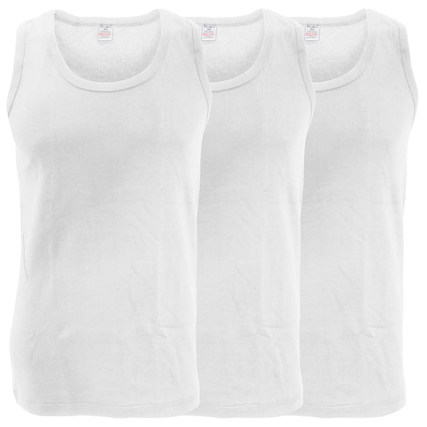 White - Front - FLOSO Mens Interlock Single Vest (Pack Of 3)