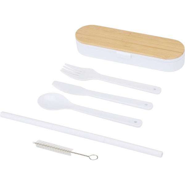 White - Front - Floso Bamboo Lid Plain Cutlery Set