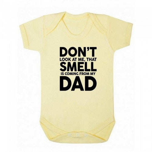 Yellow - Front - FLOSO Baby Boys-Girls That Smell Is Coming From My Dad Short Sleeve Bodysuit