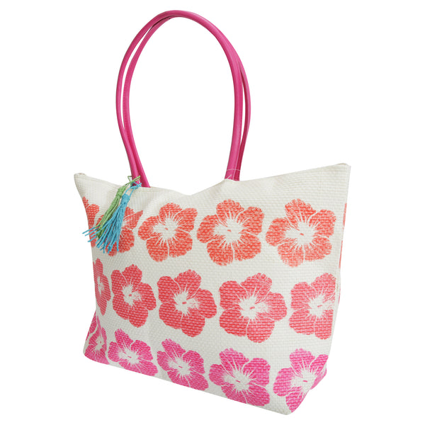 White-Pink - Front - FLOSO Womens-Ladies Floral Pattern Woven Summer Handbag