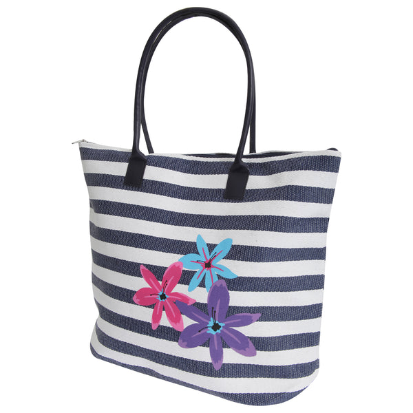 White-Navy - Front - FLOSO Womens-Ladies Floral Stripe Patterned Straw Woven Summer Handbag