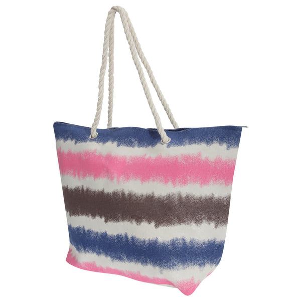 Navy-White-Pink-Grey - Front - FLOSO Womens-Ladies Faded Stripe Design Canvas Summer Handbag