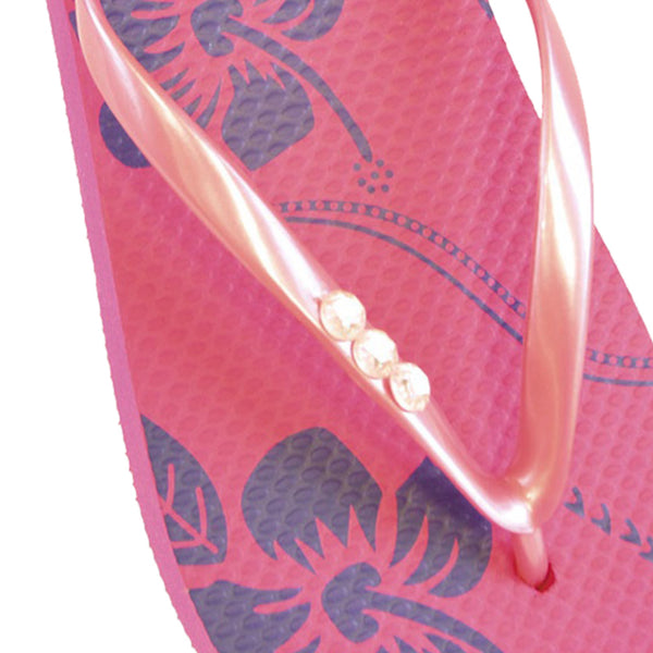 Pink - Back - FLOSO Ladies-Womens Hibiscus Printed Flip Flops With Jewel Trim