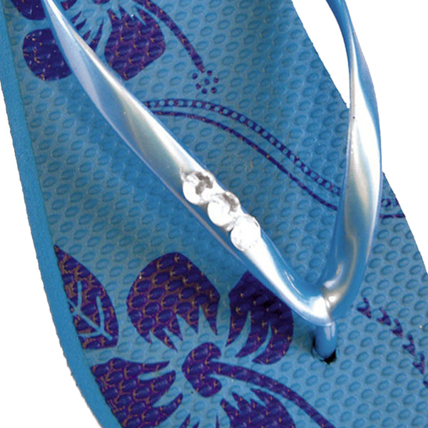 Blue - Back - FLOSO Ladies-Womens Hibiscus Printed Flip Flops With Jewel Trim