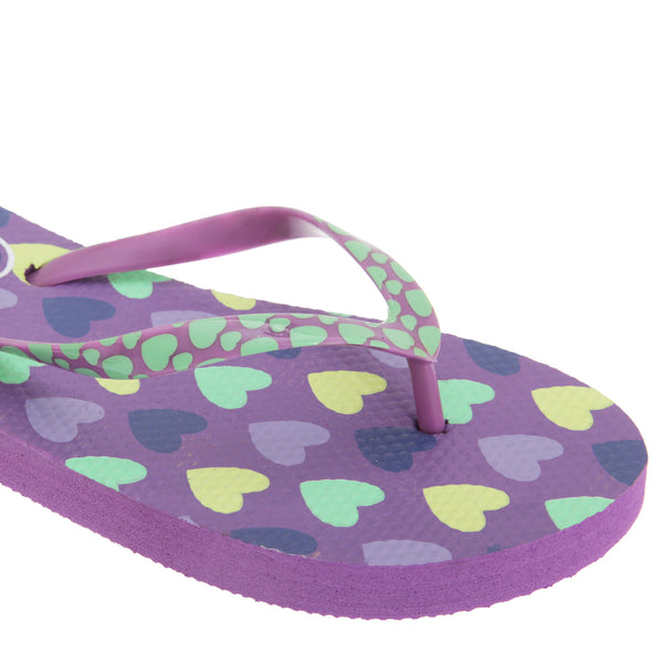 Lilac - Back - FLOSO Girls Heart Print Flip Flops With Heart Printed Strap