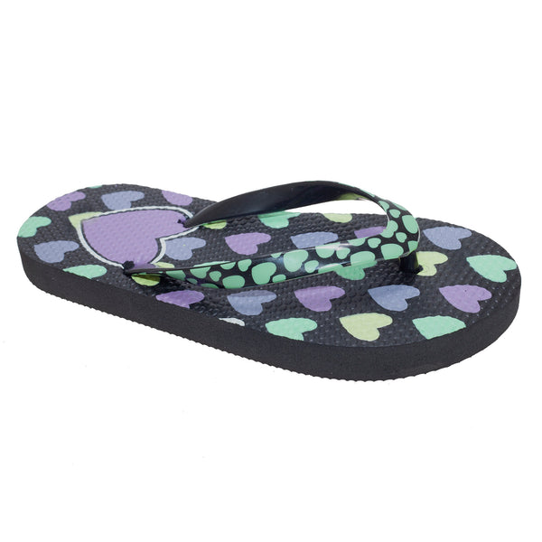 Black - Front - FLOSO Girls Heart Print Flip Flops With Heart Printed Strap
