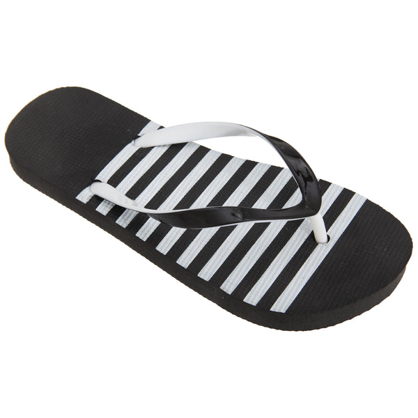 Black-White - Front - FLOSO Womens-Ladies Striped Toe Post Flip Flops