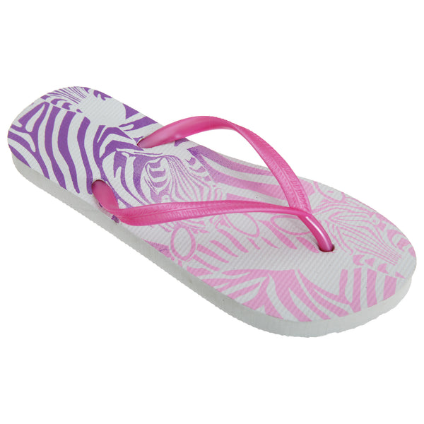 White-Pink - Front - FLOSO Womens-Ladies Zebra Pattern Toe Post Flip Flops