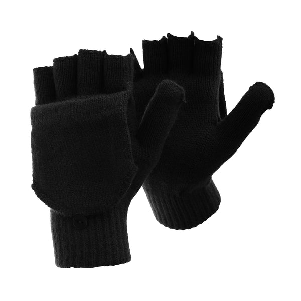 Black - Front - FLOSO Mens Plain Thermal Winter Capped Fingerless Gloves