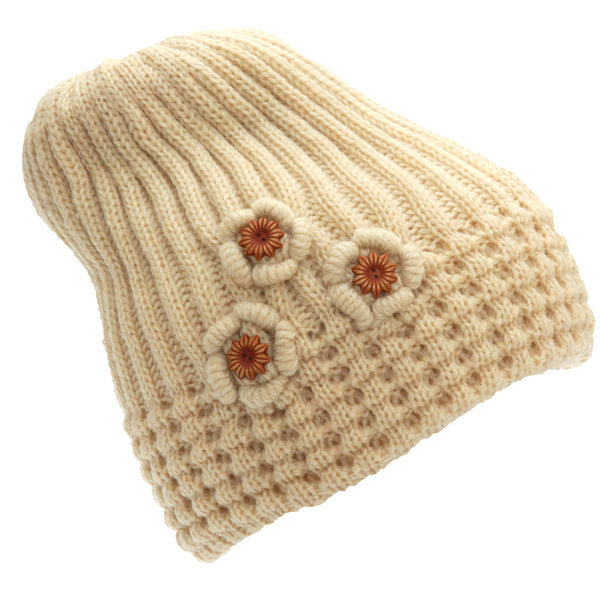 Beige - Front - FLOSO Ladies-Womens Winter Ribbed Beanie Hat With Floral Pattern