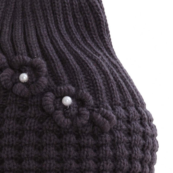 Grey - Back - FLOSO Ladies-Womens Winter Ribbed Beanie Hat With Floral Pattern