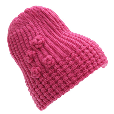 Pink - Front - FLOSO Ladies-Womens Winter Ribbed Beanie Hat With Floral Pattern