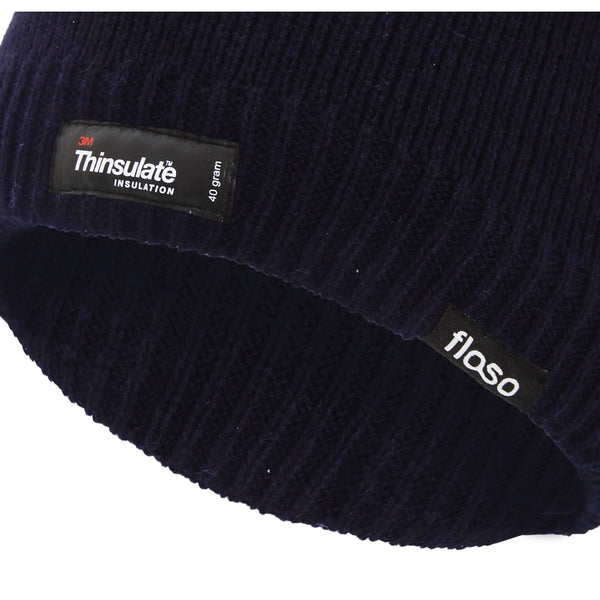 Navy - Side - FLOSO Mens Plain Thinsulate Thermal Knitted Waterproof Winter Hat