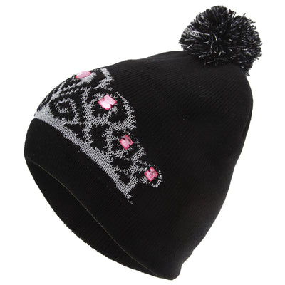 Black - Back - FLOSO Womens-Ladies Tiara Pattern Winter Beanie Bobble Hat