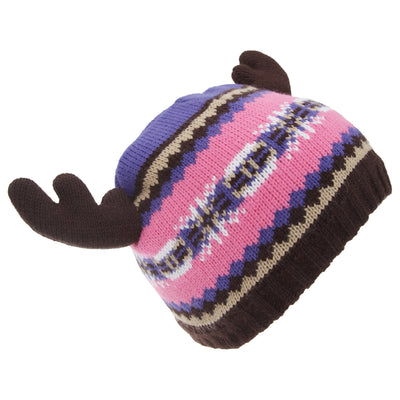 Pink-Purple - Back - FLOSO Childrens-Kids Fairisle Moose Winter Beanie Hat With Antlers