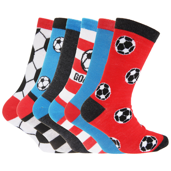 Football Design - Front - FLOSO Childrens Boys Football & Stripe Pattern Casual Socks (Pack Of 6)