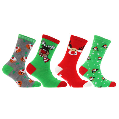 Red-Grey-Green - Front - FLOSO Childrens-Kids Christmas Character Novelty Socks (Pack Of 4)