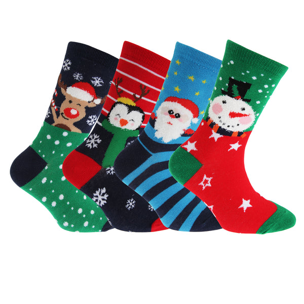 Red-Navy-Green - Front - FLOSO Childrens-Kids Christmas Character Design Socks (4 Pairs)