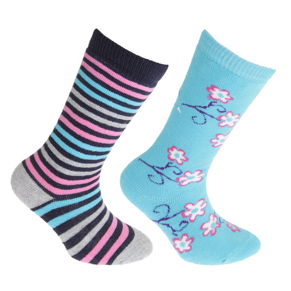 Blue-Pink - Front - FLOSO Childrens-Kids Cotton Rich Welly Socks (2 Pairs)