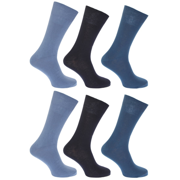 Shades of Blue - Front - FLOSO Mens Plain 100% Cotton Socks (Pack Of 6)
