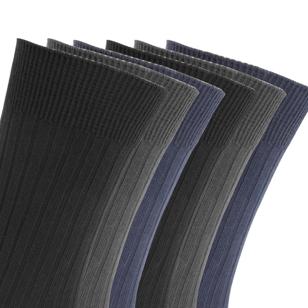Black-Navy-Charcoal - Back - FLOSO Mens Ribbed 100% Cotton Socks (6 Pairs)