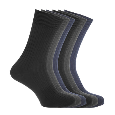 Black-Navy-Charcoal - Front - FLOSO Mens Ribbed 100% Cotton Socks (6 Pairs)