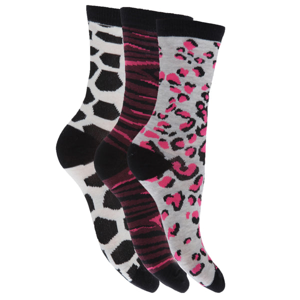 Pink-Grey-Black - Back - Floso Ladies-Womens Cotton Rich Animal Print Socks (Pack Of 3)