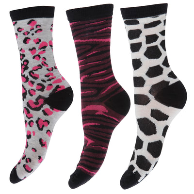 Pink-Grey-Black - Front - Floso Ladies-Womens Cotton Rich Animal Print Socks (Pack Of 3)